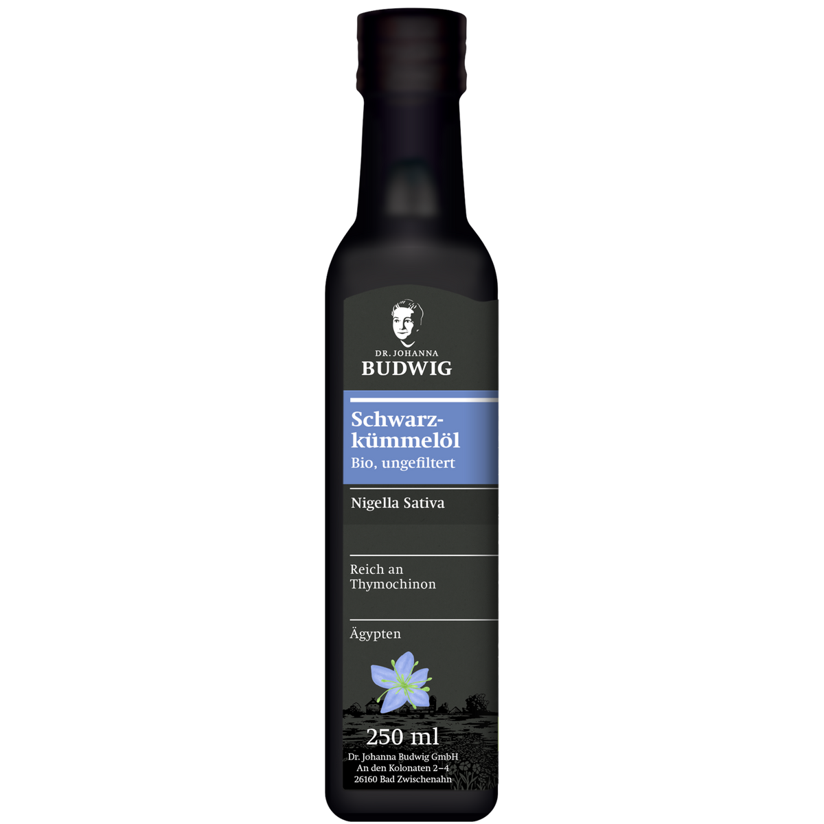 Ungefiltertes Schwarzkümmelöl in einer 250ml Flasche.
