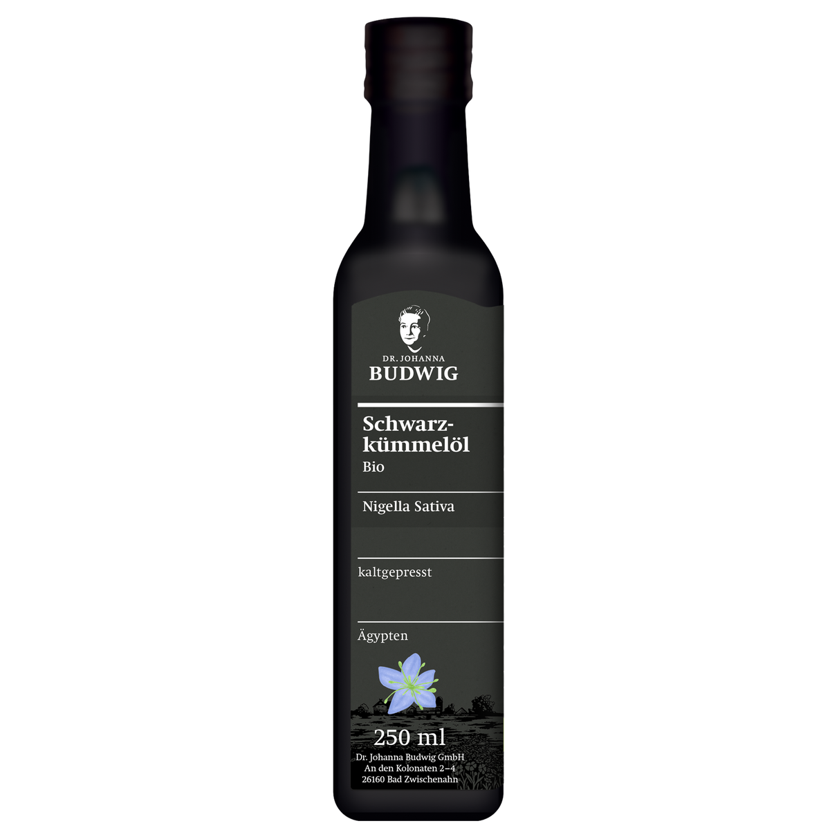 Gefiltertes Schwarzkümmelöl in einer 250 ml Flasche.